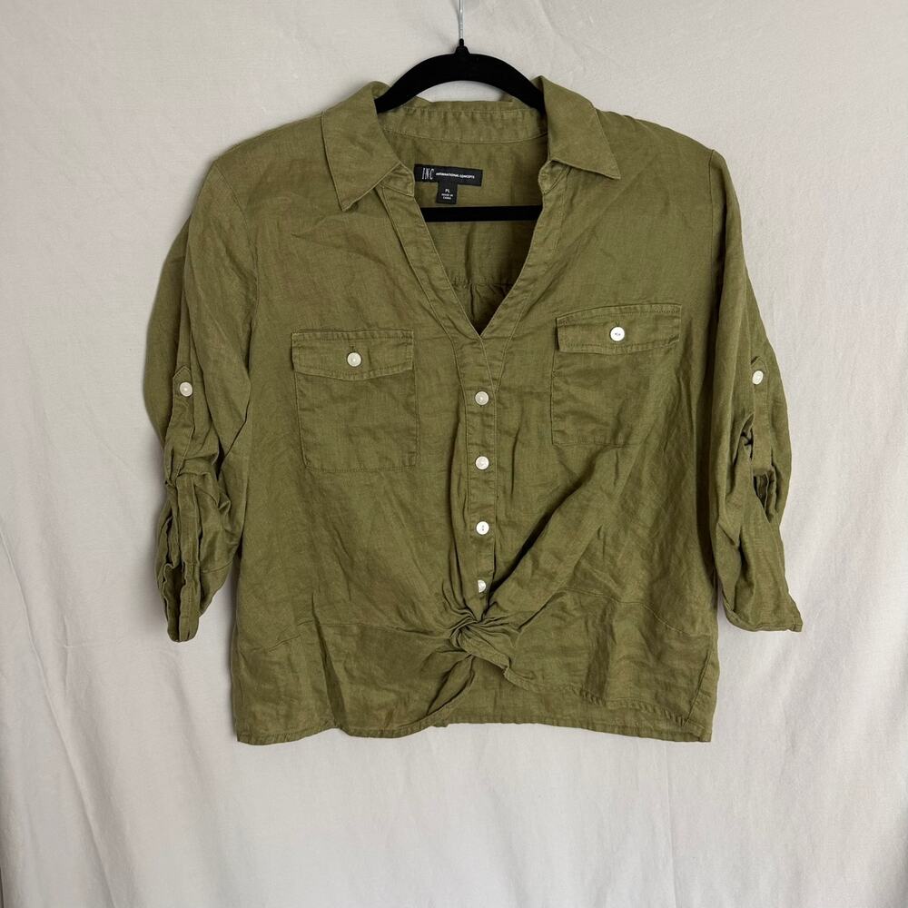 INC 100% Linen Top Olive Women's PL‎ Knotted Summer Vacation